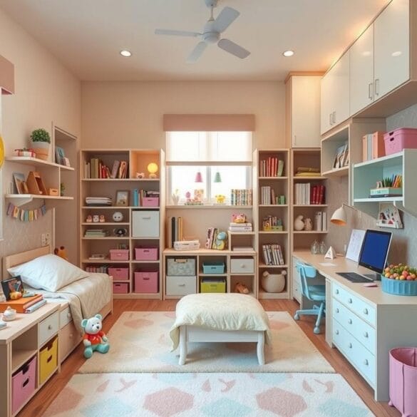 a room with a bed and a desk