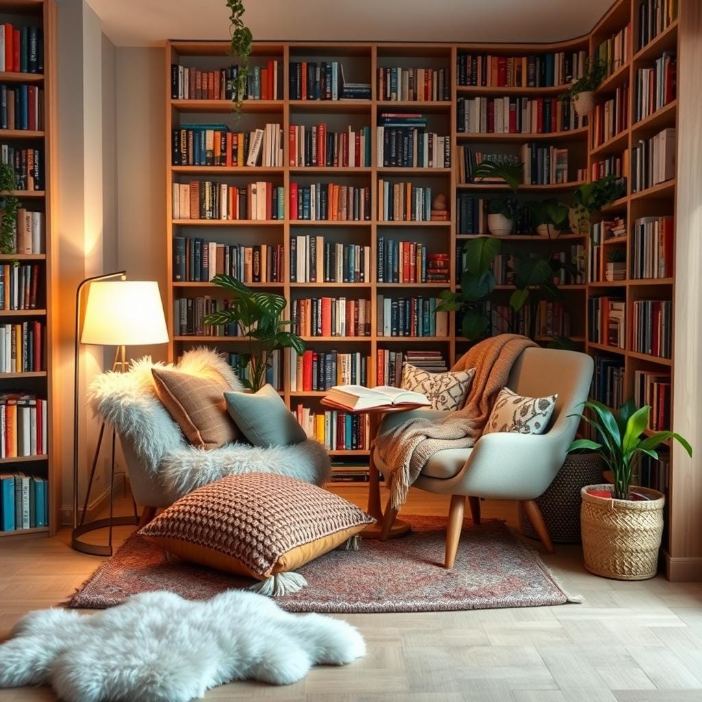 Coin lecture cosy avec éléments textiles