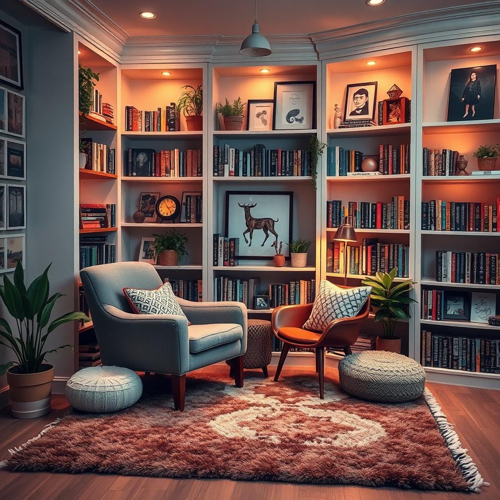 Coin lecture cosy avec tapis et accessoires décoratifs