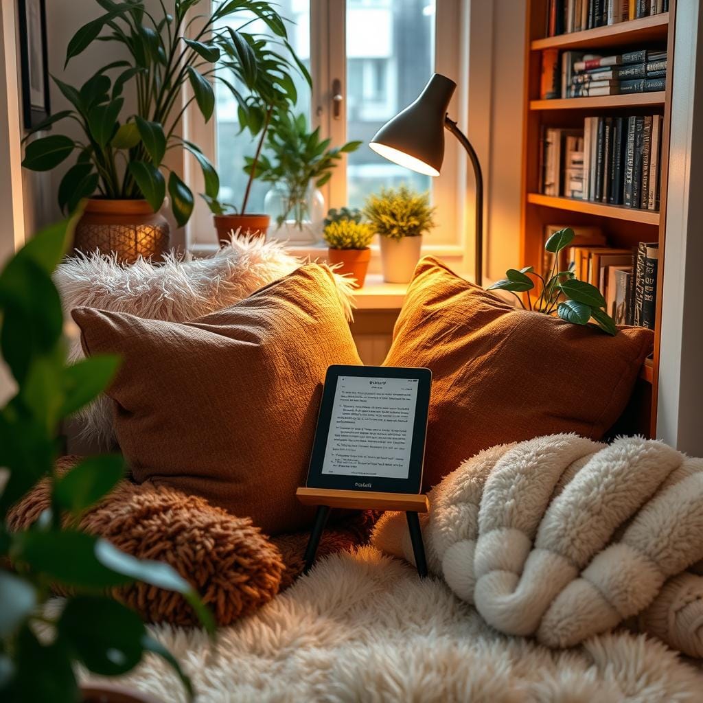 Support de liseuse dans un coin lecture cosy