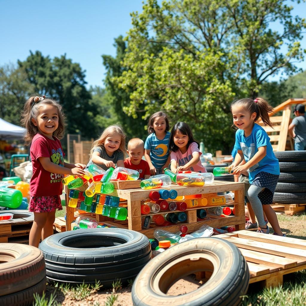 Enfants participant à la création d'une aire de jeux