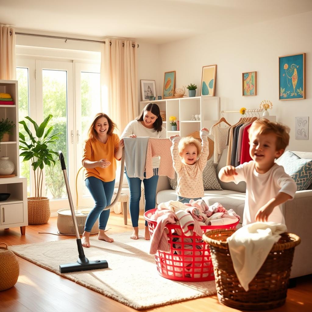 Famille jouant avec des tâches ménagères