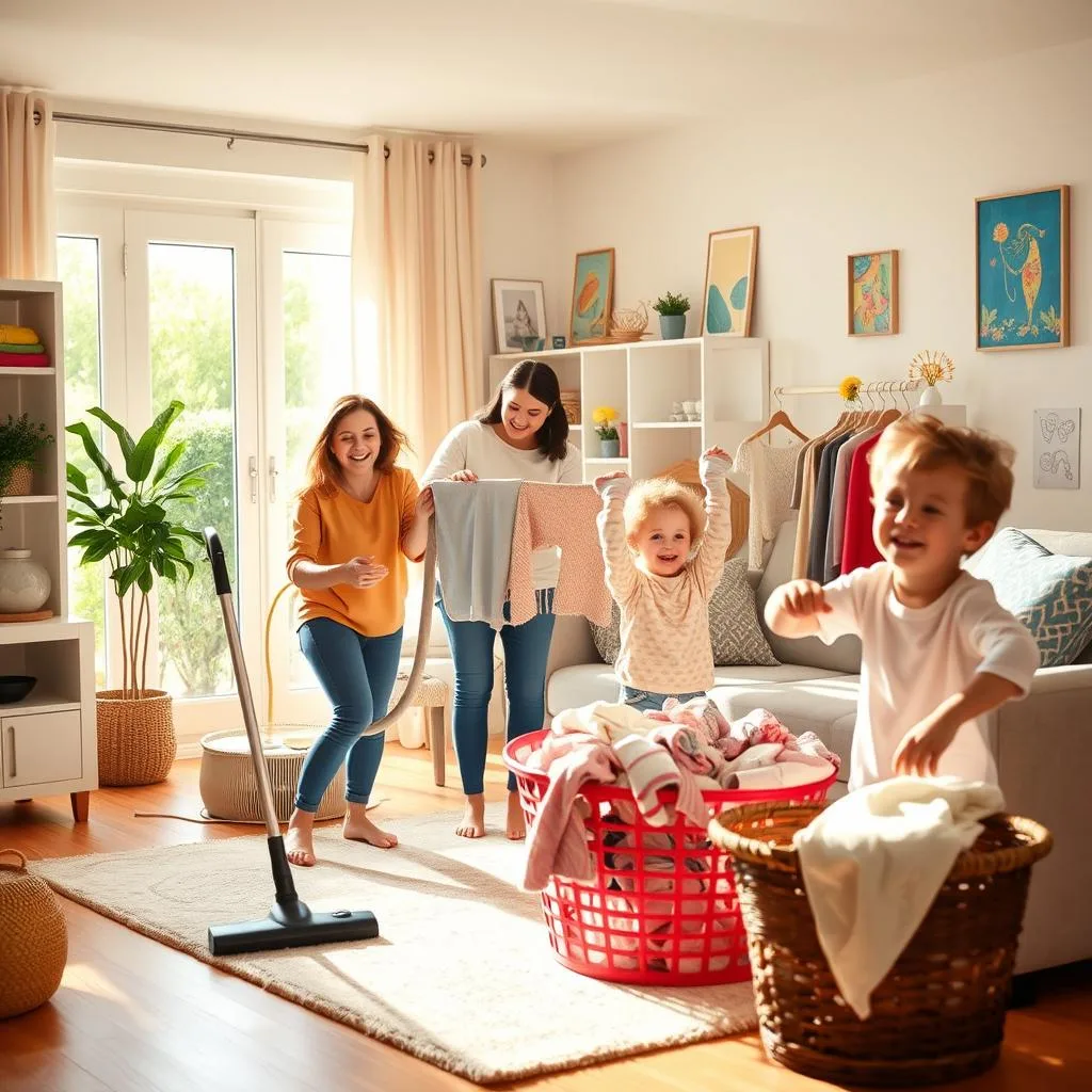 Famille jouant avec des tâches ménagères